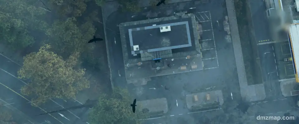 A misty Hajin street from straight above: a flat-roofed building, parked cars, trees and crows in flight, MW4 DMZ
