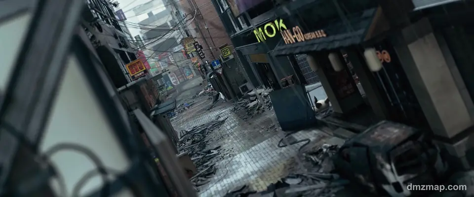 A narrow Hajin shopping alley in the rain in MW4 DMZ: neon shop signs, paper lanterns, a wrecked car and rubble on the wet tiles