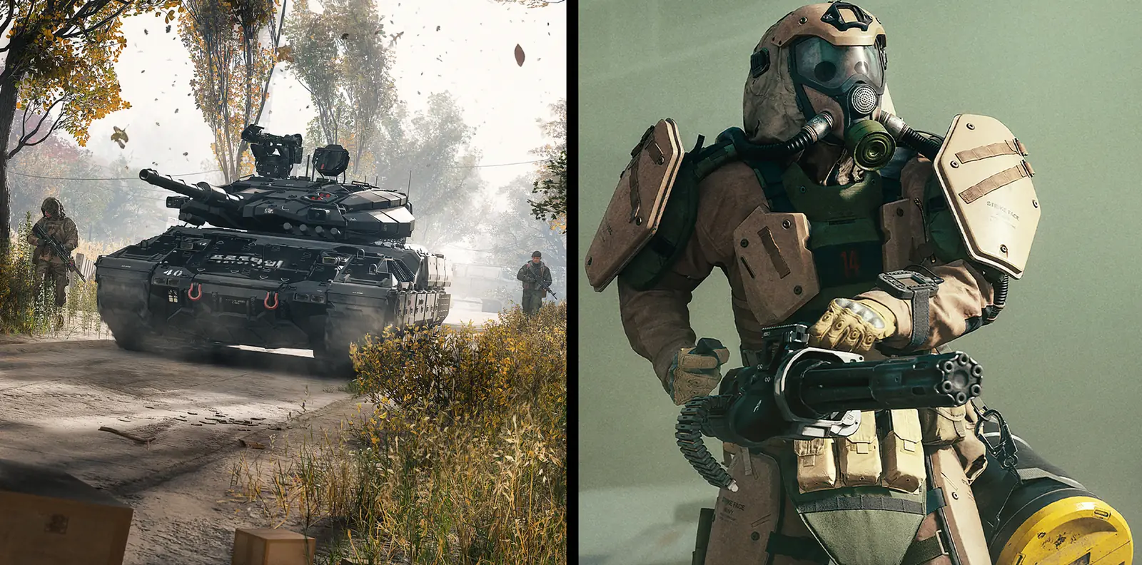 Two MW4 DMZ Commanders: a North Korean battle tank on a forest road, and the armored Colossus with a minigun