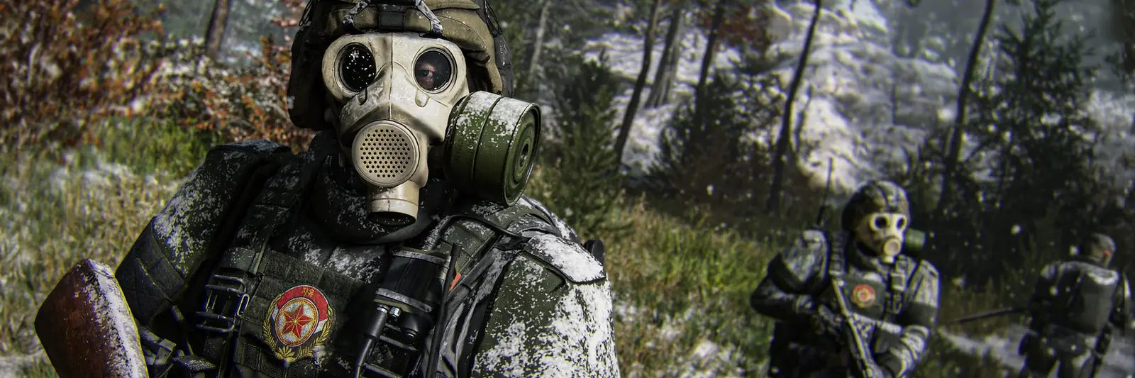 North Korean soldiers in gas masks and snow-dusted gear advancing through a pine forest in MW4 DMZ