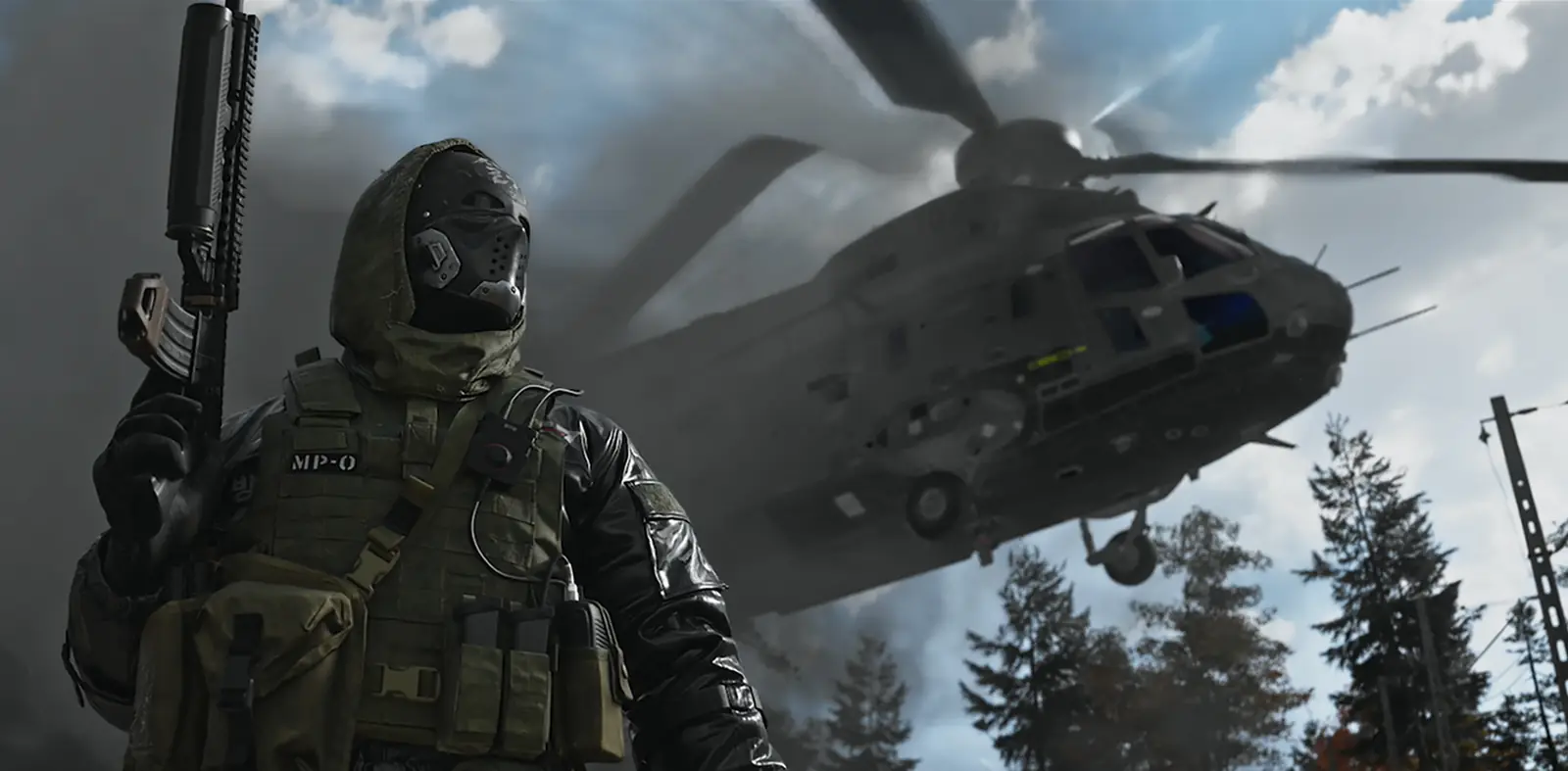 An Operator in a hooded mask holding a rifle in front of a large helicopter above a pine forest, MW4 DMZ