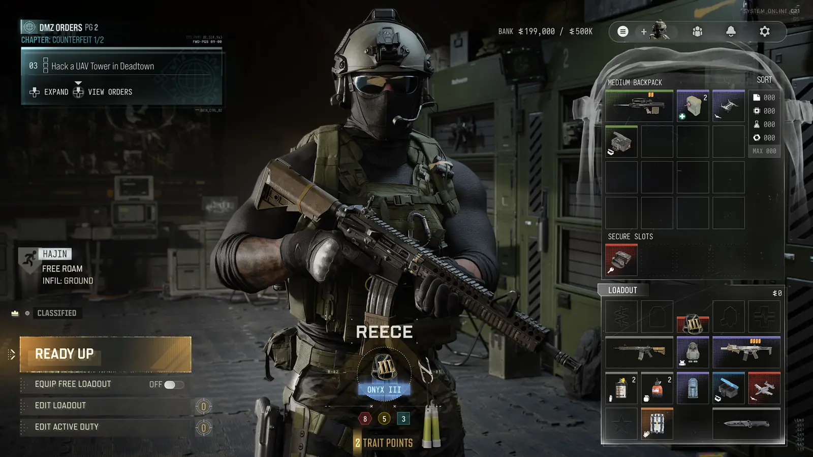 The MW4 DMZ Ready Up screen: DMZ Orders, Free Roam with a ground infil, the Operator Reece and the backpack and loadout
