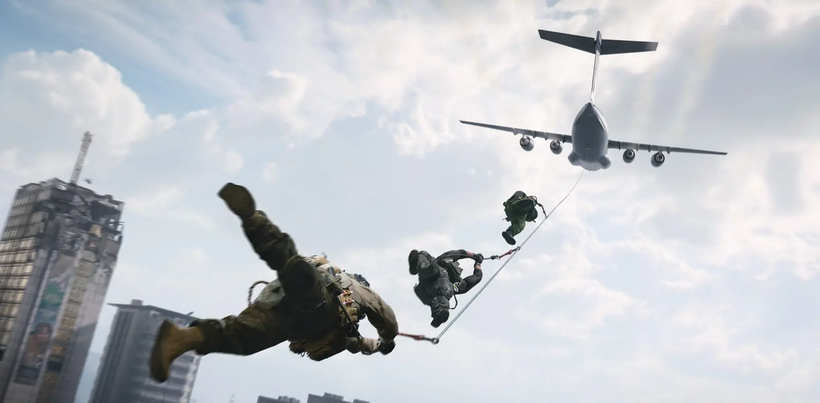 Operators hanging from a sky-hook line behind a large cargo plane above the towers of Hajin City, MW4 DMZ