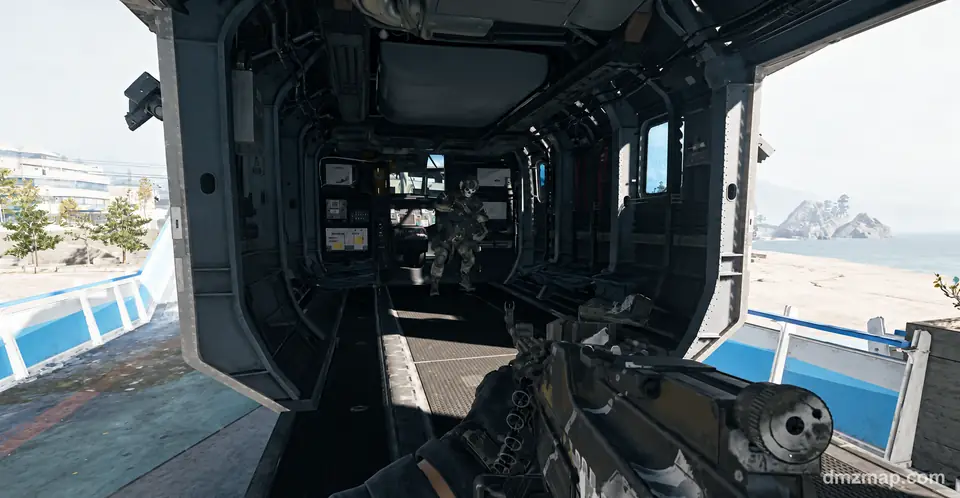 Inside the cargo bay of the exfil helicopter in MW4 DMZ: a squadmate in a skull mask at the far end and a beach and pier through the open doors