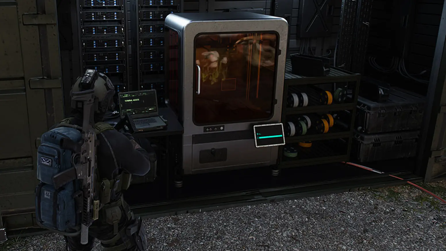 An Operator at the 3D Printer station in the MW4 DMZ base, with spools of filament and a lit printer chamber