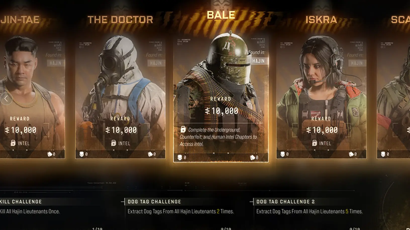 The MW4 DMZ Boss Board: Lieutenant cards for Jin-tae, The Doctor, Bale and Iskra with $10,000 rewards and Dog Tag challenges