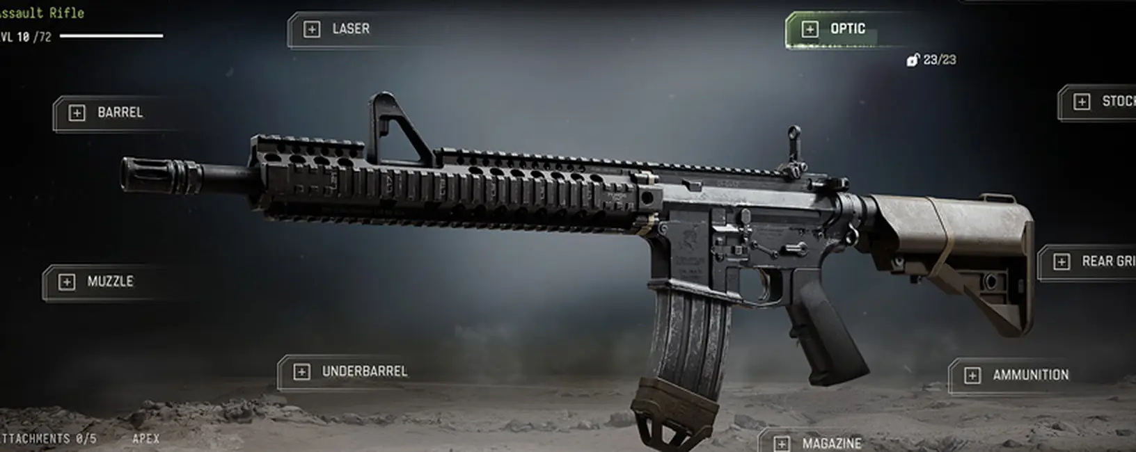 The MW4 DMZ Gunsmith building an M4: slots for laser, optic, barrel, muzzle, underbarrel, stock, rear grip, ammunition and magazine