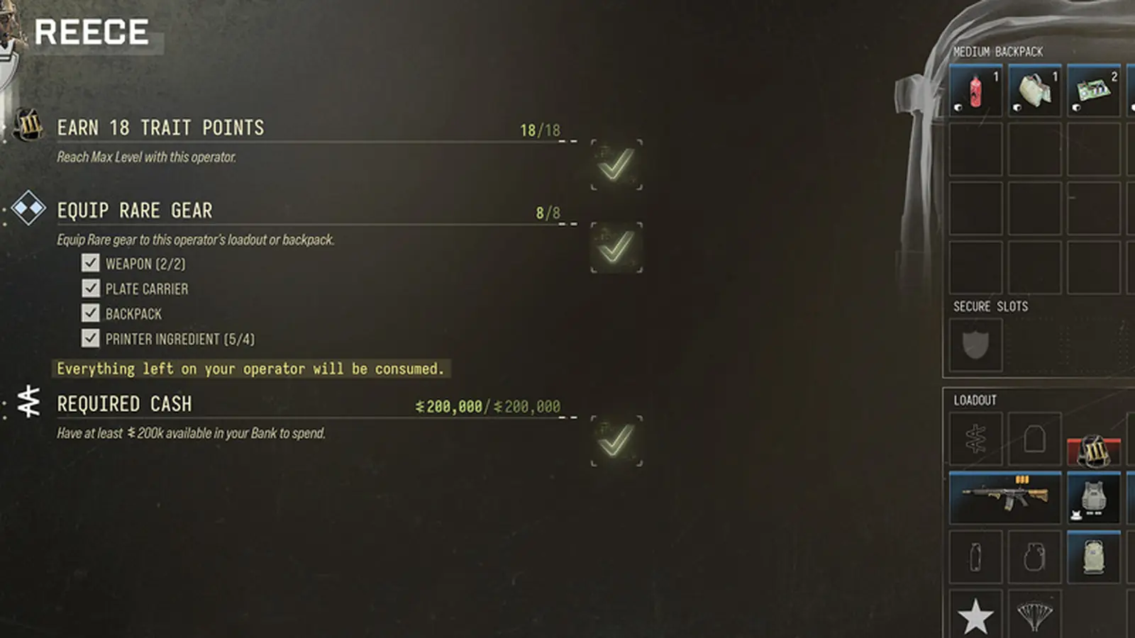 The MW4 DMZ Prestige Operator screen: earn 18 Trait Points, equip rare gear (weapon, plate carrier, backpack, printer ingredients) and $200,000 required cash, all ticked