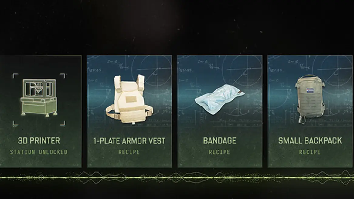 MW4 DMZ level unlocks: the 3D Printer station, a 1-Plate Armor Vest recipe, a Bandage recipe and a Small Backpack recipe at level 1