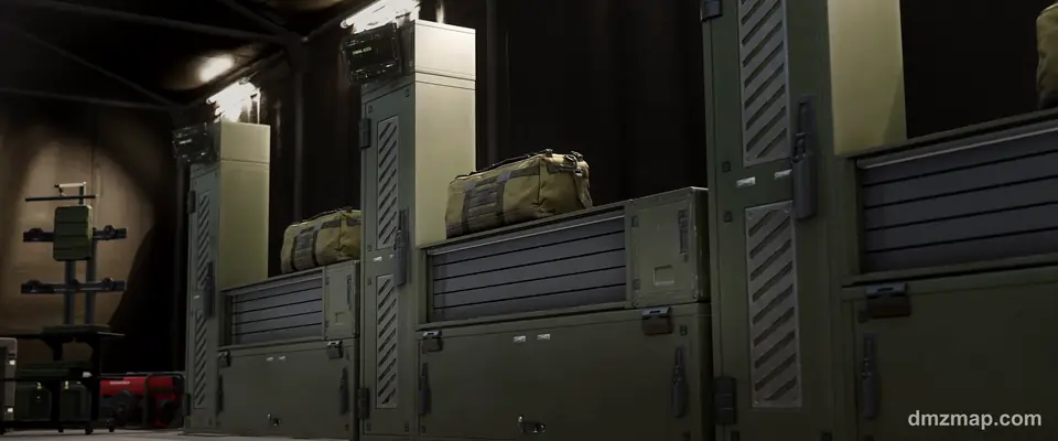 Inside the FOB in MW4 DMZ: a row of green Stash lockers with duffel bags on top, a weapon rack and a red generator by the wall
