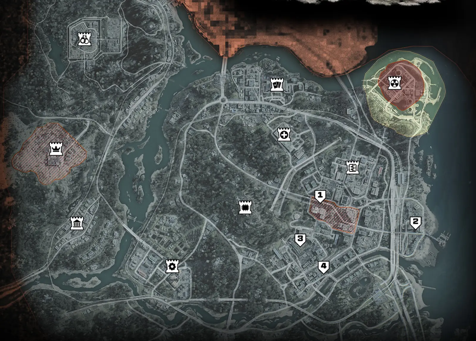 The official Hajin tactical map from Modern Warfare 4 DMZ: rivers, roads and Hajin City with icons for the 13 major points of interest and the radiation zone around the reactor