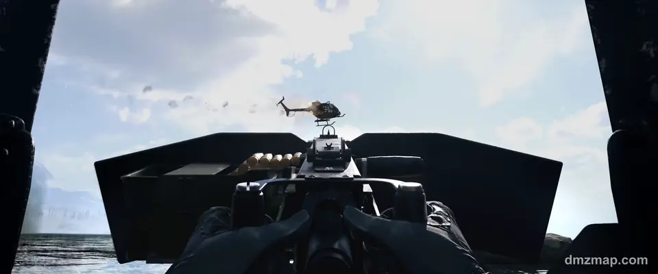 Behind a helicopter door gun over the sea in MW4 DMZ, an enemy helicopter trailing smoke in the sky ahead