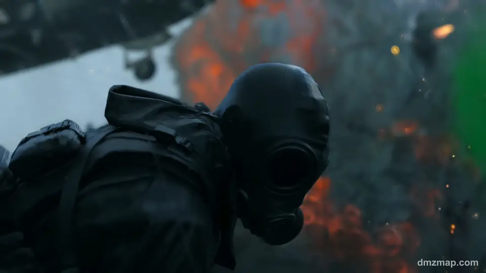 An Operator in a black gas mask and hood bending through smoke, with burning debris and green smoke behind, MW4 DMZ