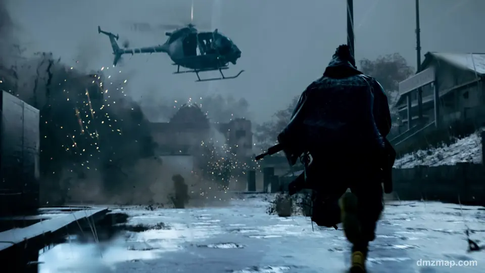 An Operator with a rifle running across a snowy street toward a low-flying helicopter as sparks fly from an explosion, MW4 DMZ