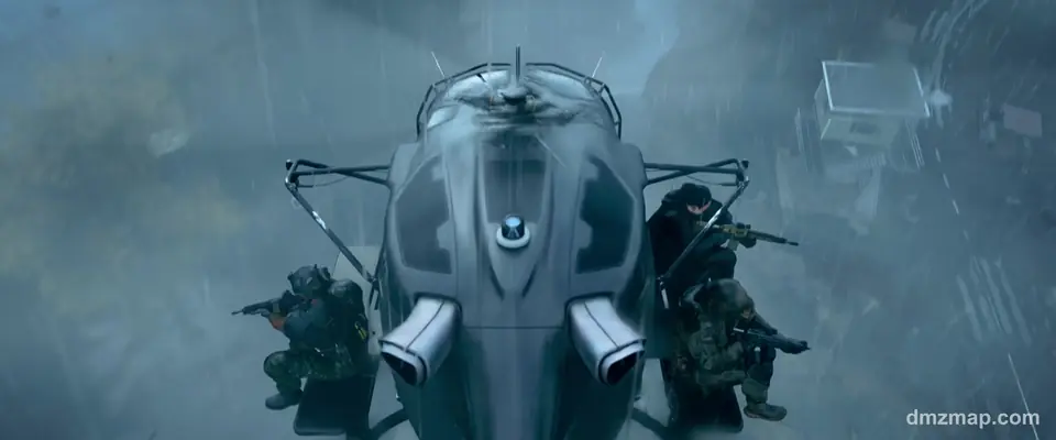 Operators riding on the outside of a small helicopter over Hajin in the rain, seen from above, MW4 DMZ