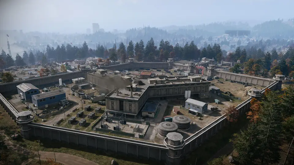 Aerial view of the walled 14th Political Prison with watchtowers and the Citadel in the yard, MW4 DMZ