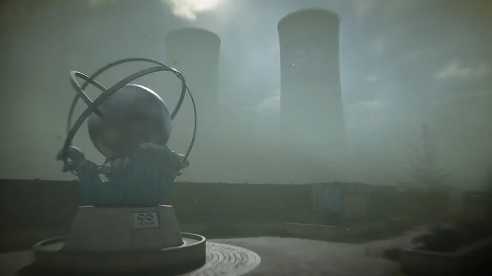 Haneul Nuclear Reactor in MW4 DMZ: an atom sculpture in front of two cooling towers in radioactive fog
