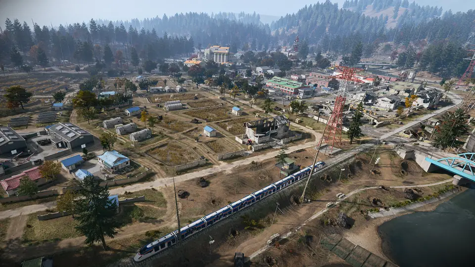 Imjin Farmland in MW4 DMZ: fields, farm buildings, a river and a passing train