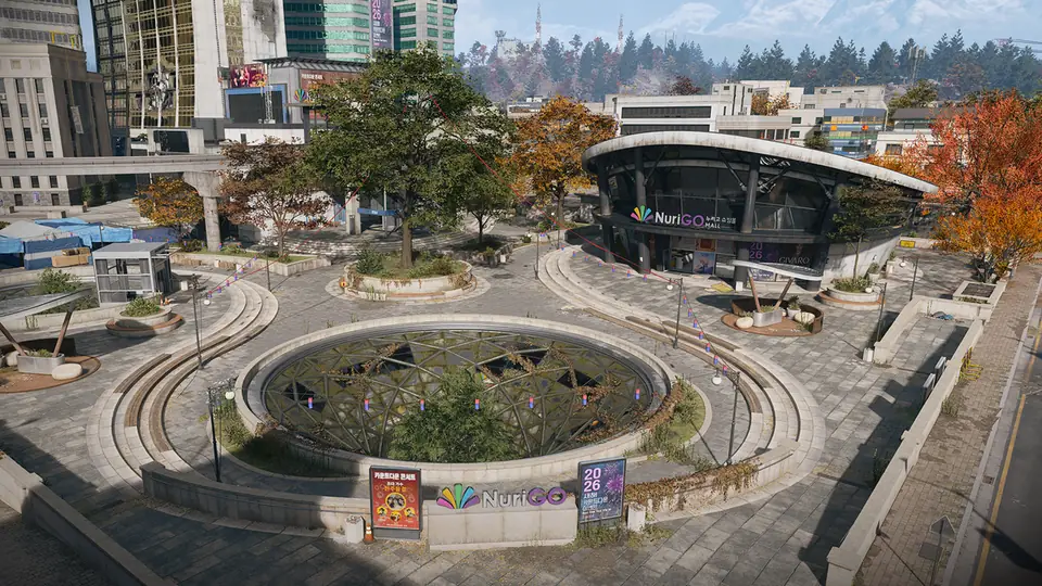 The circular plaza and light wells of NuriGO Mall in Hajin City, MW4 DMZ