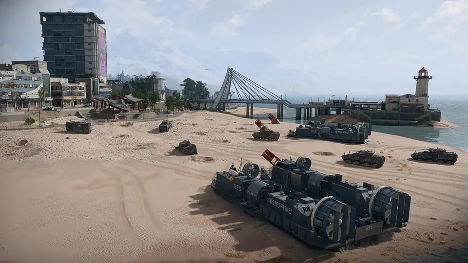 Hovercraft and armored vehicles on the beach at Songdo Wharf, with a lighthouse and bridge, MW4 DMZ