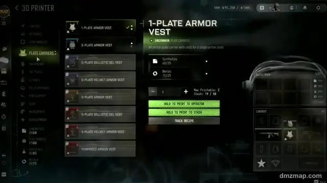 The 3D Printer menu in MW4 DMZ with the 1-Plate Armor Vest selected: Synthetics 60/25 and Metals 75/25, and the list of eight plate carriers