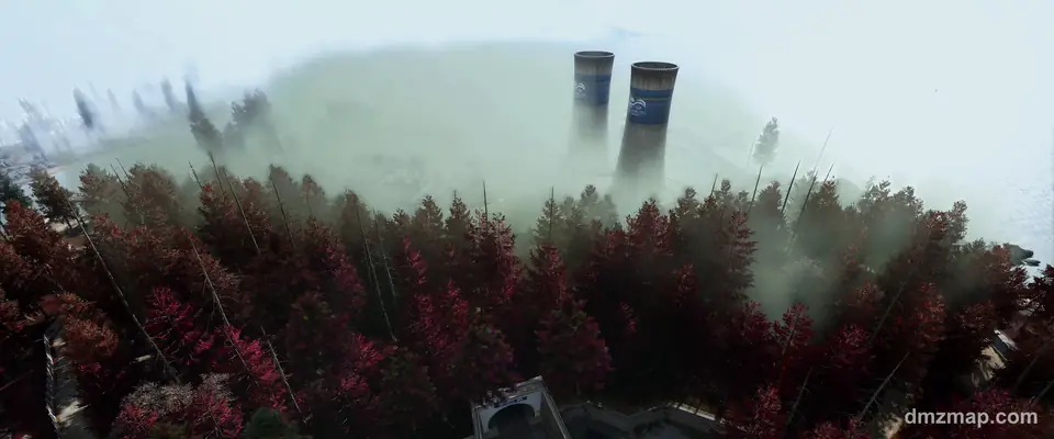A red-leaved forest in fog below two cooling towers in Hajin, MW4 DMZ, with a guarded gate and trucks at the bottom