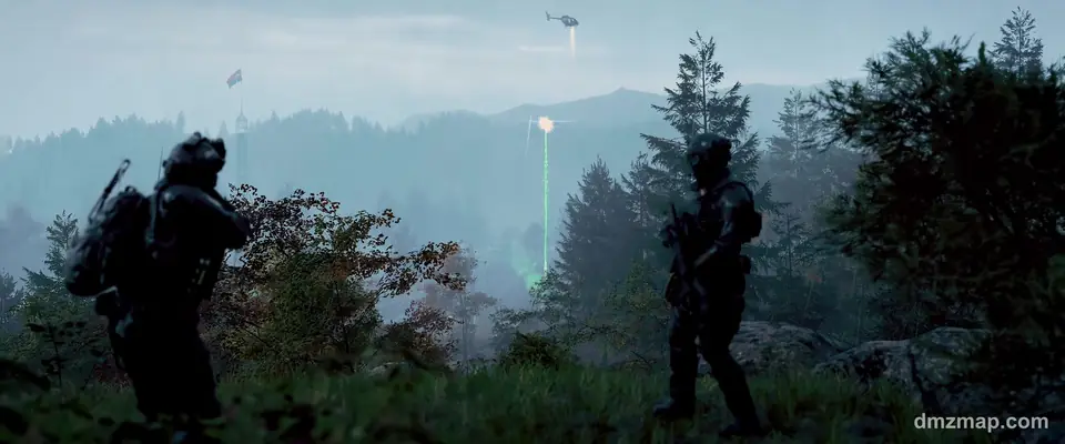 Two Operators on a forest ridge in MW4 DMZ watching green exfil smoke rise from the trees as a helicopter comes in