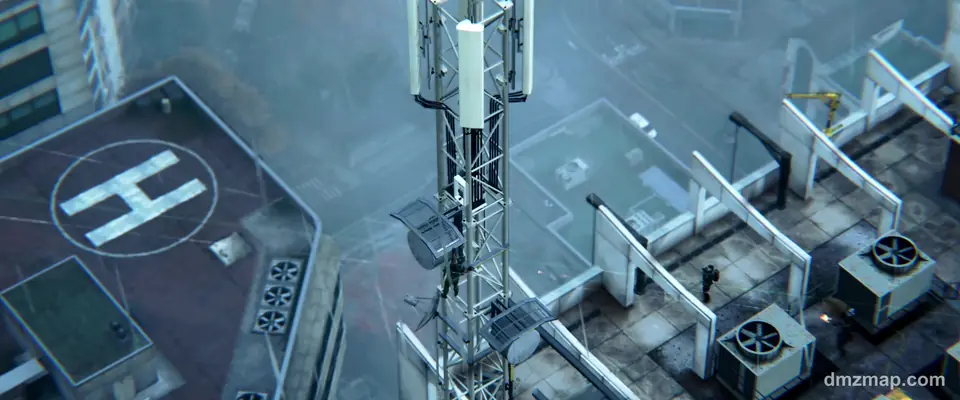 A rooftop with a helipad and a phone mast above Hajin in the rain, an Operator climbing the mast, MW4 DMZ