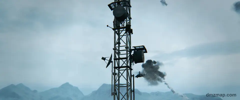 A comms tower against snowy mountains in MW4 DMZ, a helicopter trailing smoke beside it