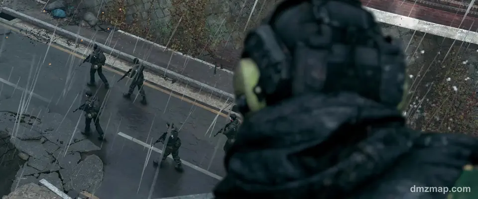 An Operator in a rain-soaked hood watching a squad of soldiers cross a wet road from an overpass, MW4 DMZ