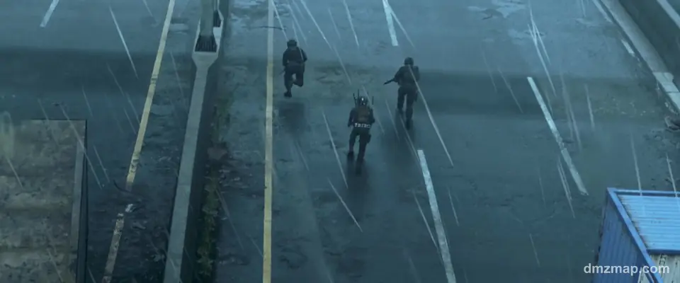 Three Operators running down a wide wet road in heavy rain, seen from above, a shipping container at the roadside, MW4 DMZ