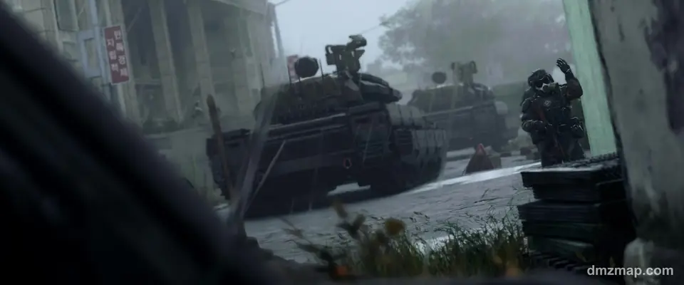 Two tanks rolling down a foggy Hajin street past a soldier in a gas mask, seen from cover, MW4 DMZ
