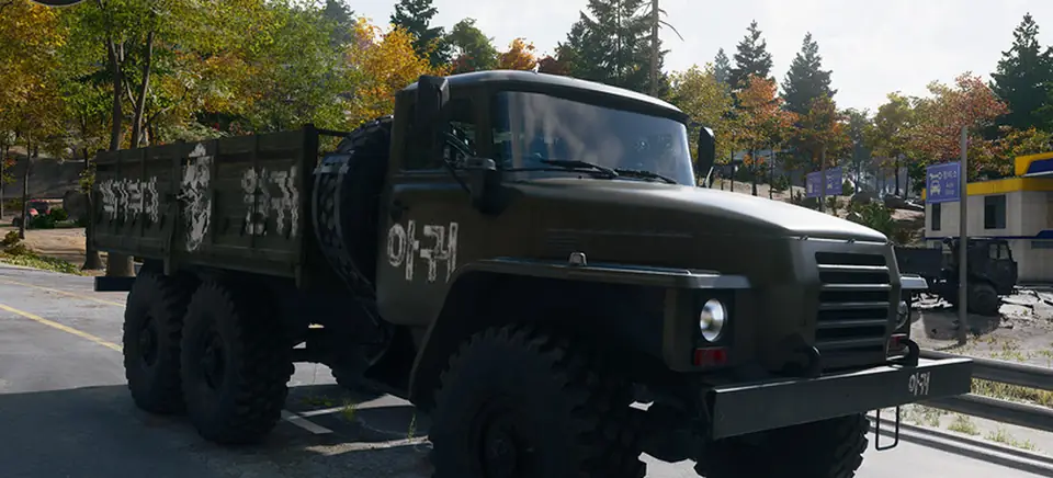 The Cargo Truck in MW4 DMZ: a six-wheeled olive military truck with a flat cargo bed
