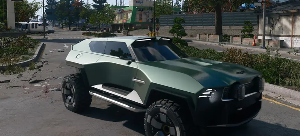 The Aston Martin Dreadnought in MW4 DMZ: a sage-green armored SUV on large off-road wheels