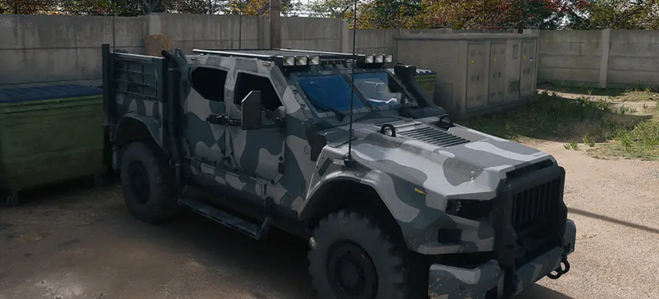 The LTV in MW4 DMZ: a grey camouflage armored truck with a roof hatch