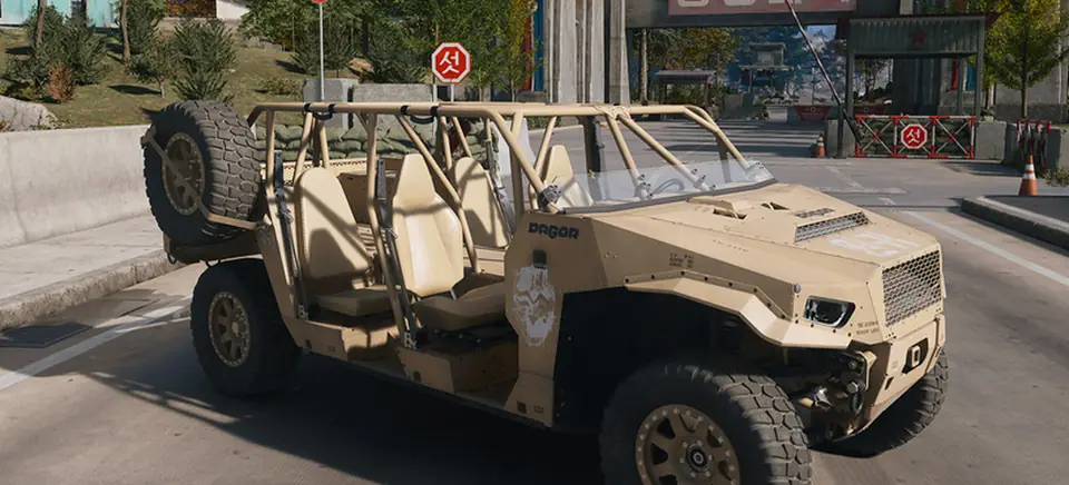 The Polaris Dagor A1 in MW4 DMZ: a tan open-frame off-road vehicle with a spare wheel on the back
