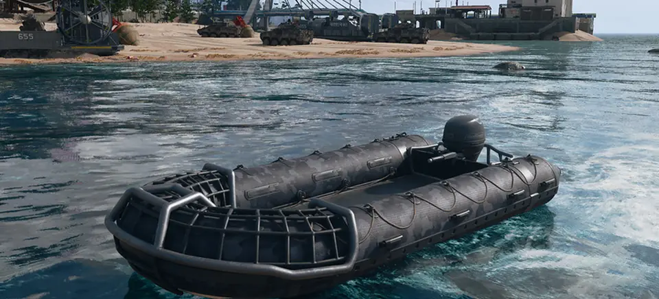 The RHIB in MW4 DMZ: a black inflatable boat on the water off a sandy beach
