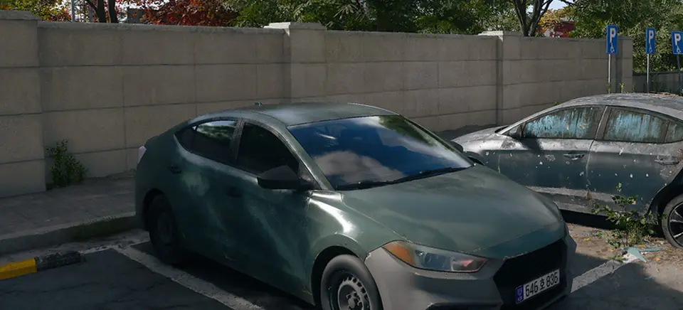 The Sedan in MW4 DMZ: a dusty green four-door car in a parking lot