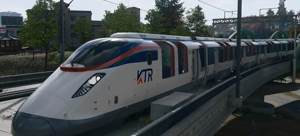 The Train in MW4 DMZ: a white high-speed train with a KTR logo crossing a bridge