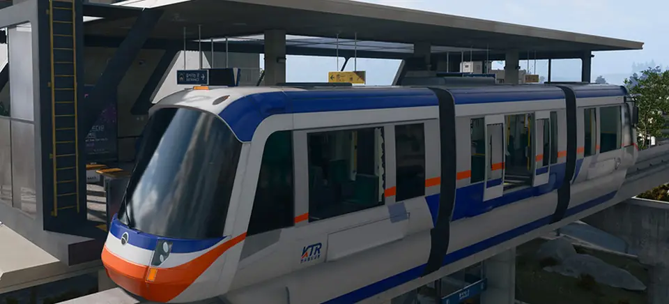 The Tram in MW4 DMZ: a blue, white and orange monorail car at an elevated station