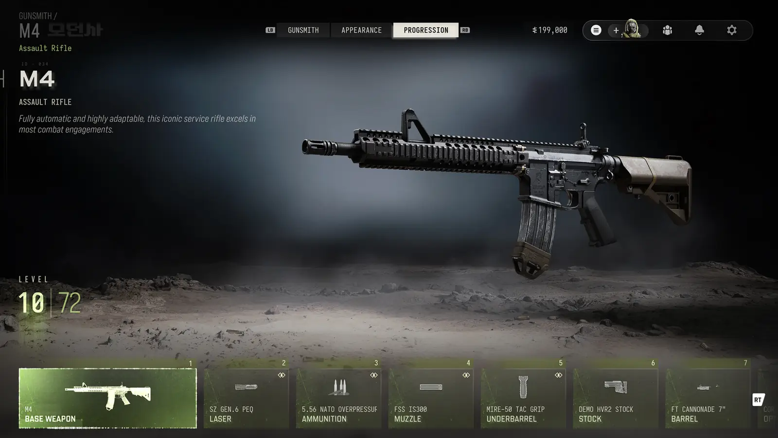 The MW4 Gunsmith Progression tab for the M4 at weapon level 10 of 72, with its attachment unlocks along the bottom